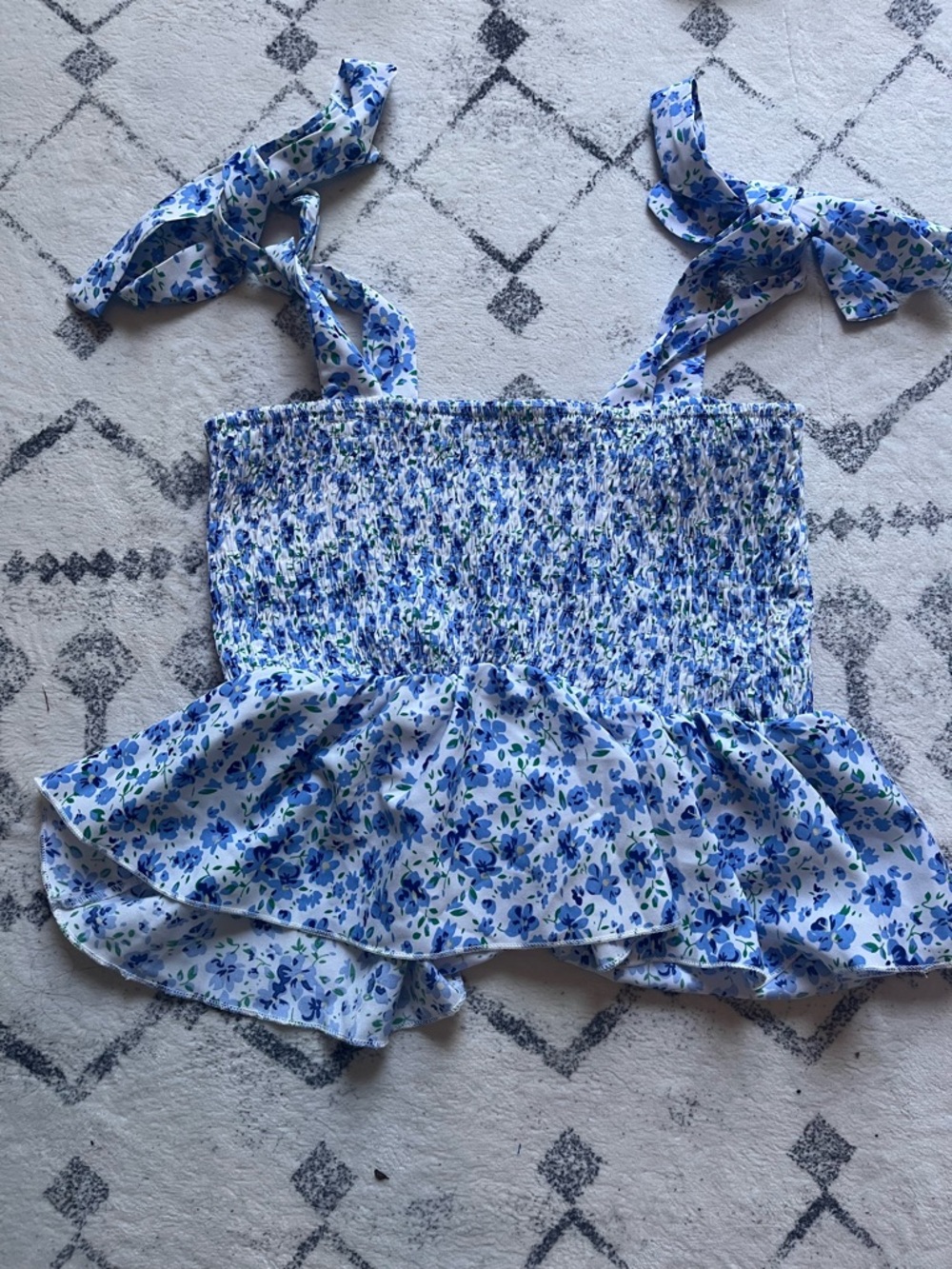 SHEIN Blue Floral Smocked Ruffle Tie-Strap Crop Top